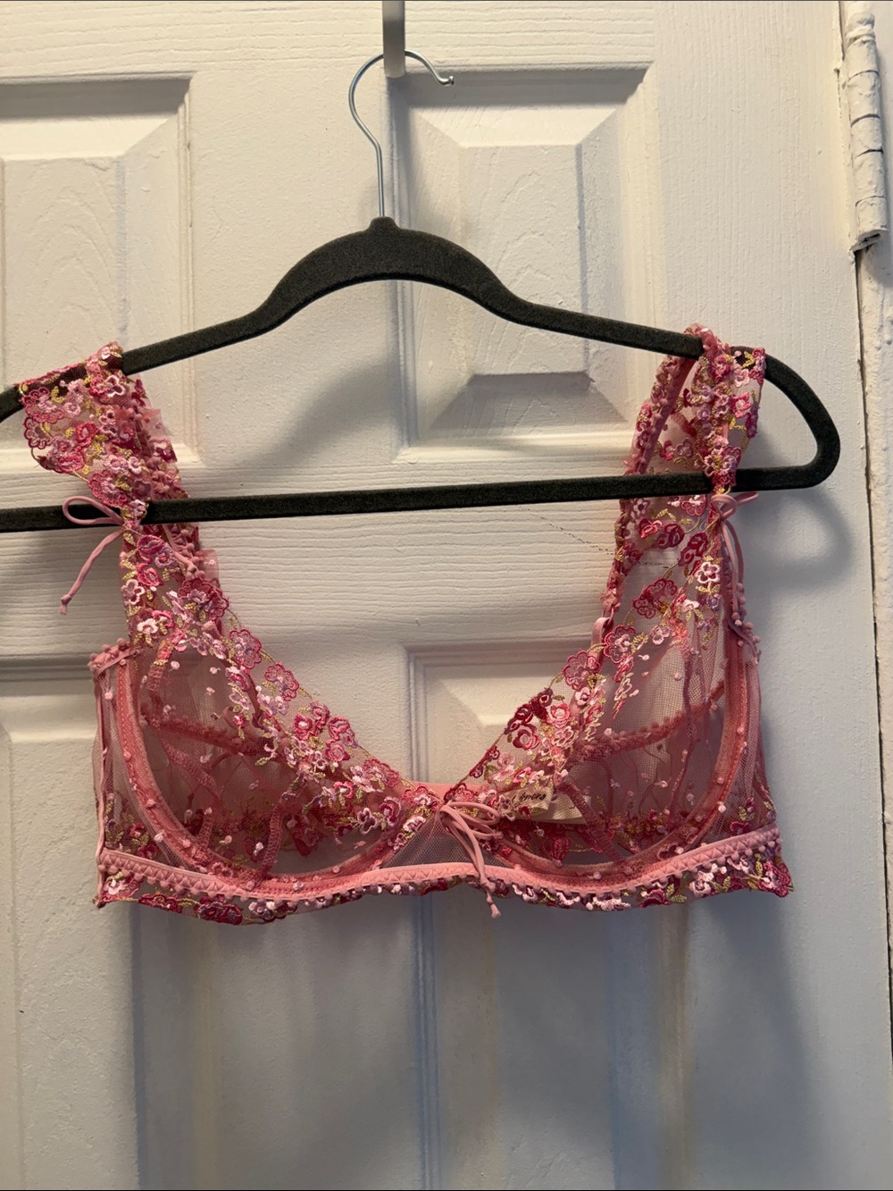 WORN ONCE For Love And Lemons Pink Sheer Floral Embroidered Balconette Bra